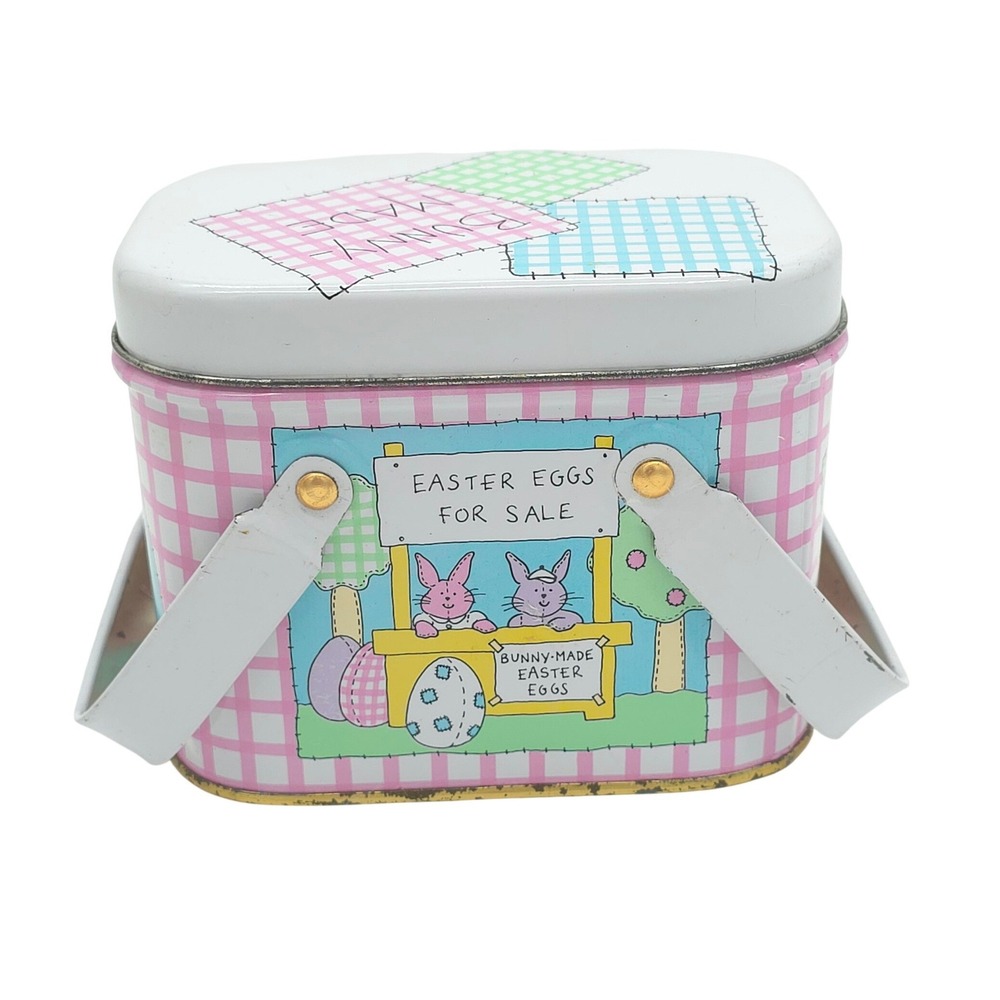 The Tin Box Co Vintage Easter Egg Tin Bunny Made‎ Gingham Graphic Small Basket